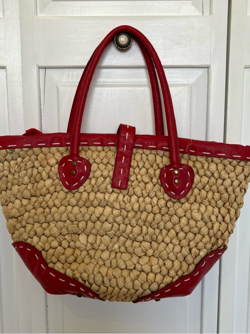 Straw Studios Natural Straw Tote with Red Trim and Handles - Picture 6 of 7